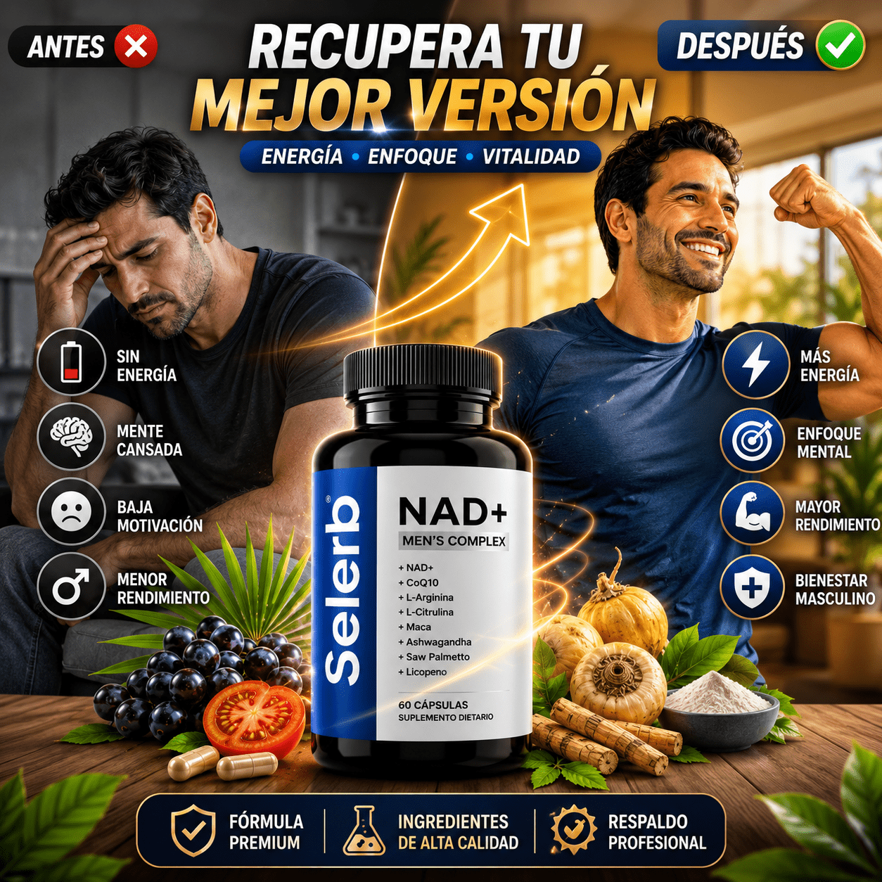 Selerb NAD+ Energía Celular, Soporte Prostático y Rendimiento Masculino