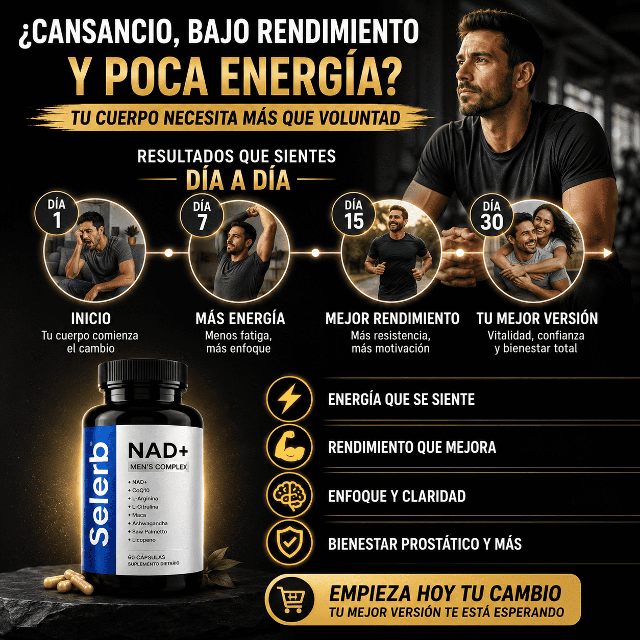 Selerb NAD+ Energía Celular, Soporte Prostático y Rendimiento Masculino