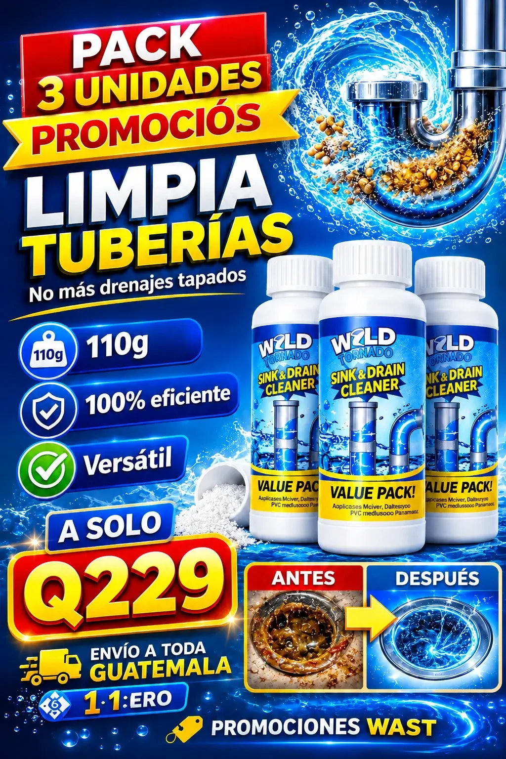 Wild Tornado™ Destapador y Limpiador de Cañerías Profesional pack 3 unidades + envio gratis